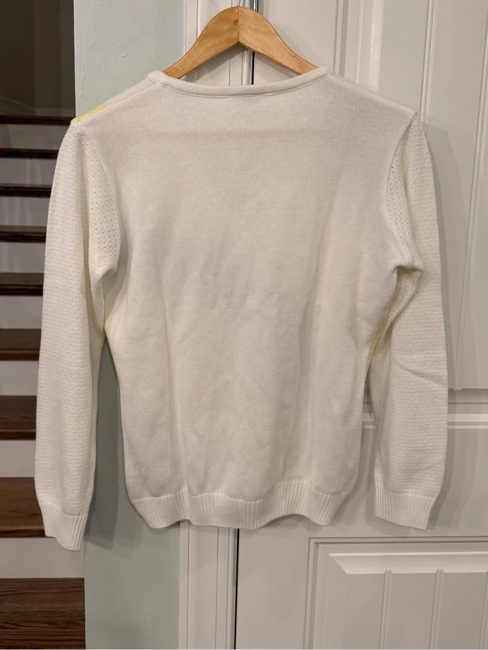 Lacoste Women's V-Neck Sweater in White, Blue & Yellow